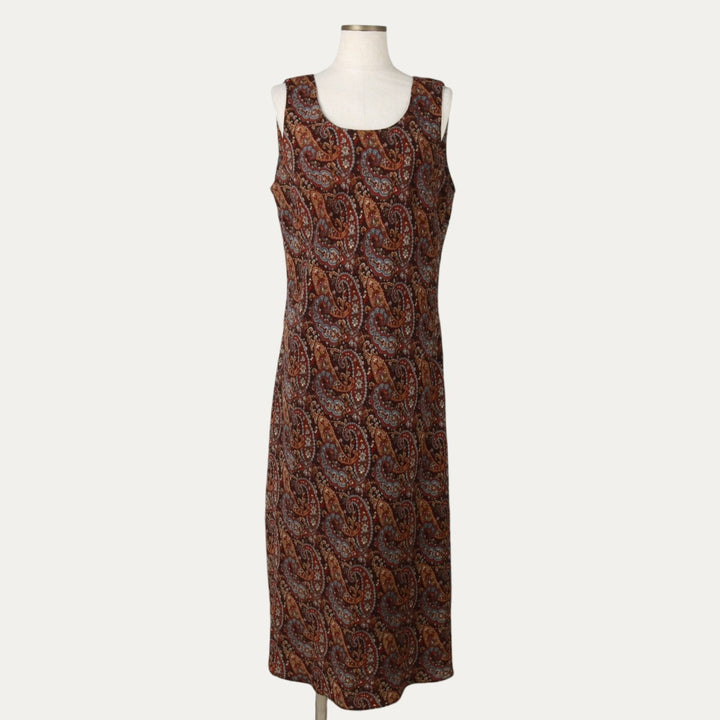 STUDIO I Paisley Pattern Long-Length U-Neck Sleeveless Tight Dress (Women's Size S) polyester brown type Vintage Second Hand