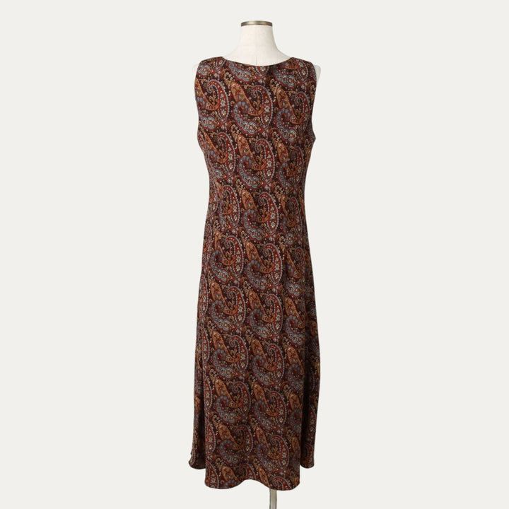 STUDIO I Paisley Pattern Long-Length U-Neck Sleeveless Tight Dress (Women's Size S) polyester brown type Vintage Second Hand
