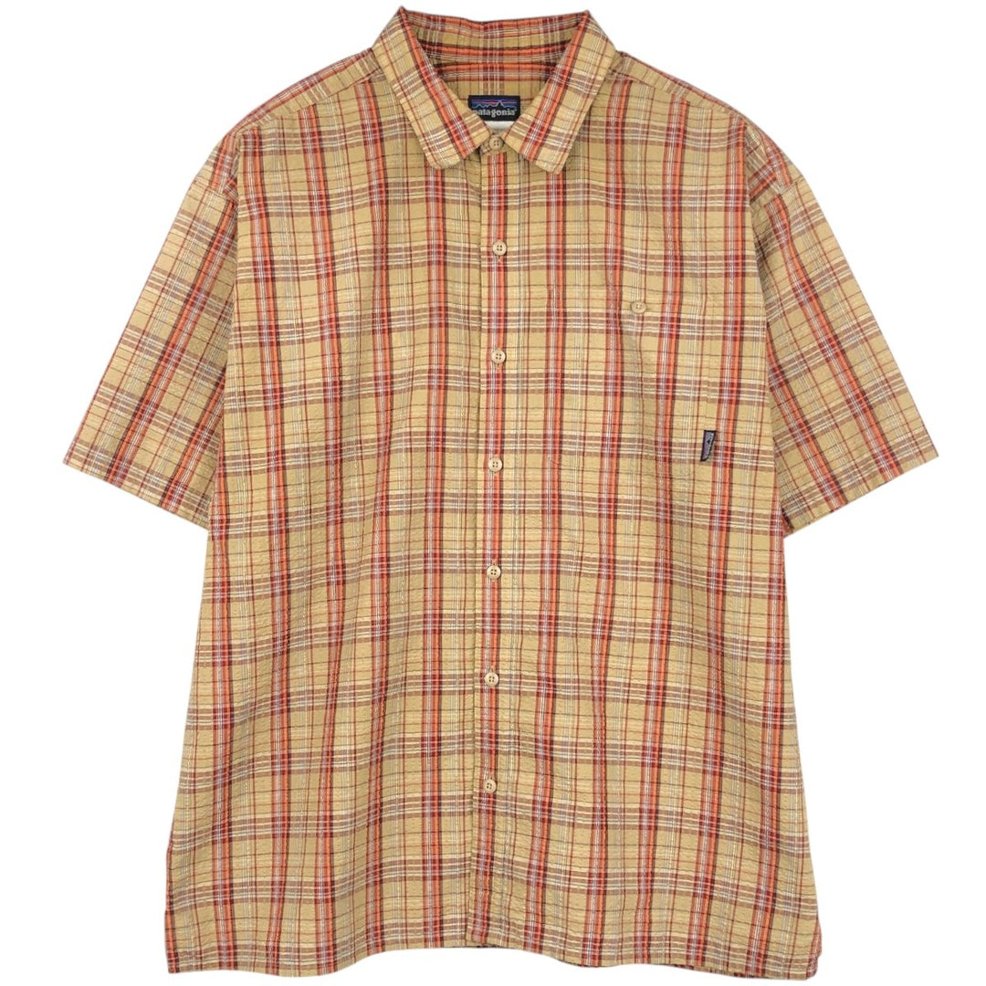 2000'S Patagonia Packerwear Shirt 53000S0 Check Pattern Seersucker Short Sleeve Poly-Cotton Shirt Men's Size L (approx.) polyester Beige type Vintage Second Hand