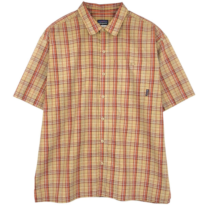 2000'S Patagonia Packerwear Shirt 53000S0 Check Pattern Seersucker Short Sleeve Poly-Cotton Shirt Men's Size L (approx.) polyester Beige type Vintage Second Hand