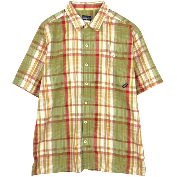 2000'S Patagonia Packerwear Shirt 52998S6 Seersucker Check Pattern Short Sleeve Poly-Cotton Shirt Men's Size M polyester green type yellow green Vintage Second Hand