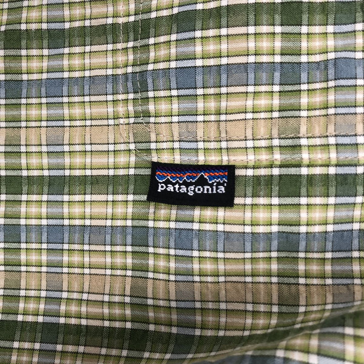 2000'S Patagonia Packerwear Shirt 52999F8 Check Pattern Seersucker Short Sleeve Poly-Cotton Shirt Men's Size L polyester green type Vintage Second Hand