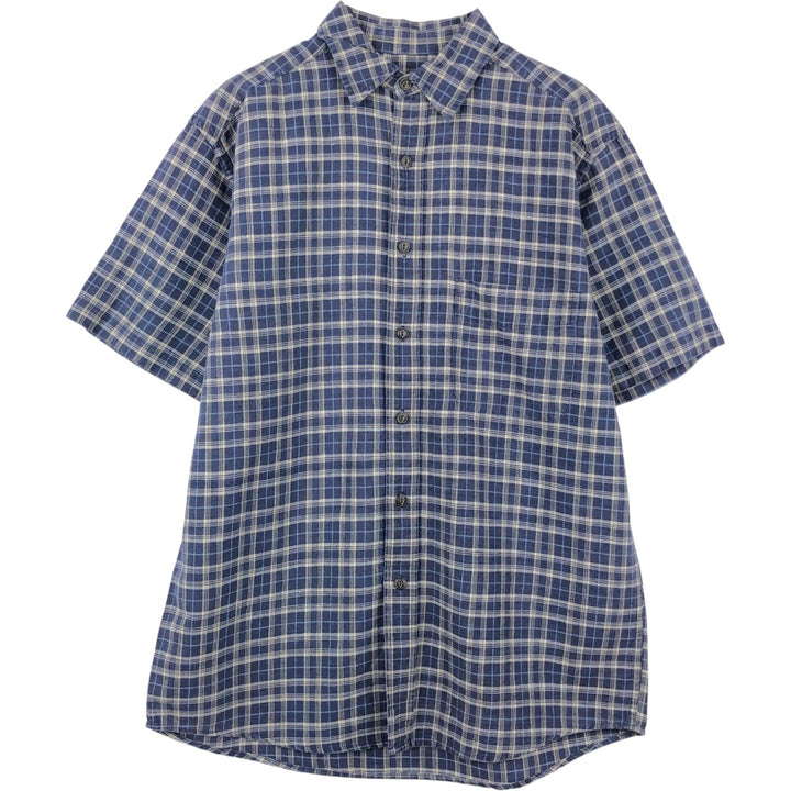 Eddie Bauer Check Pattern Short-Sleeve Linen Shirt, Men's Size S (approx.) linen navy blue type Vintage Second Hand