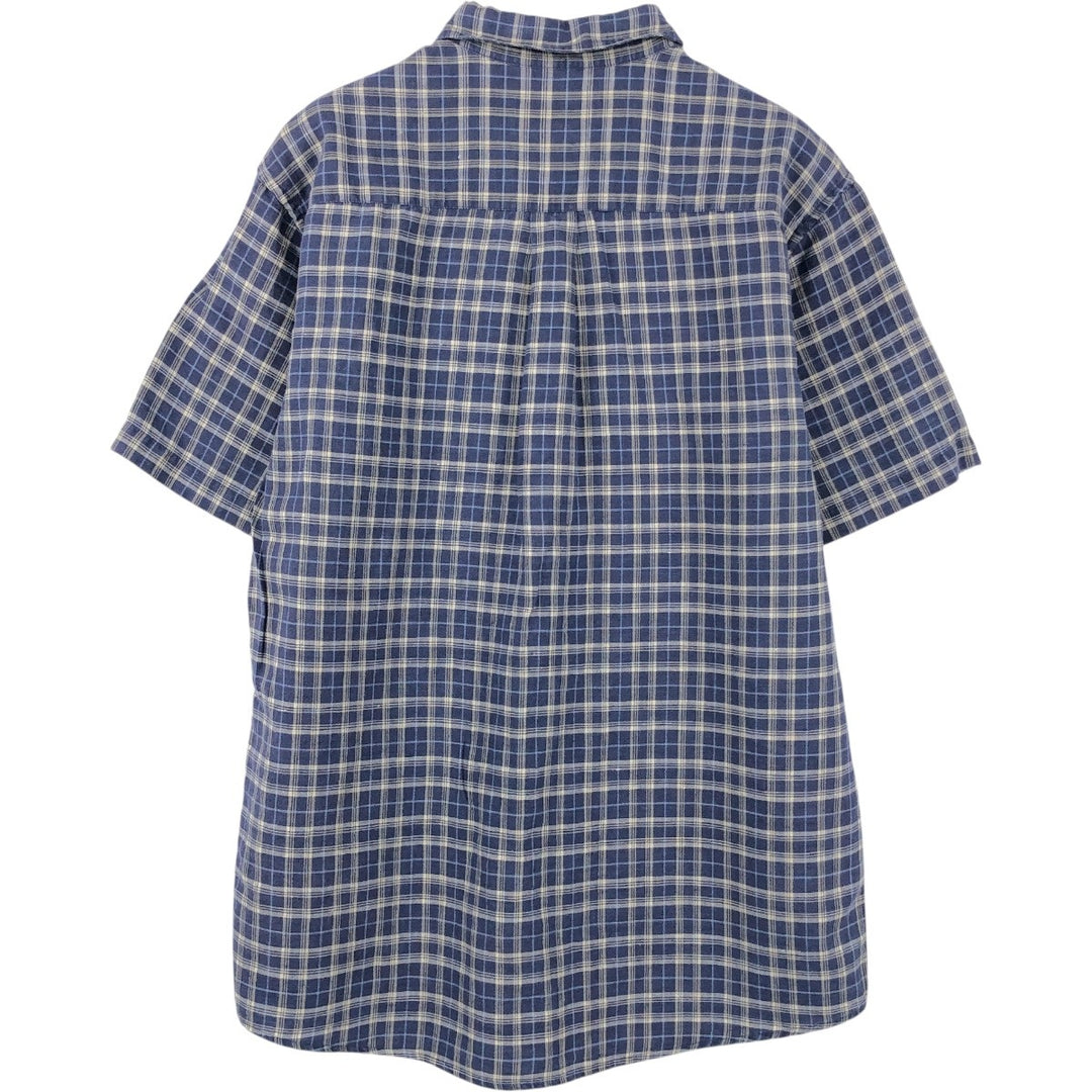 Eddie Bauer Check Pattern Short-Sleeve Linen Shirt, Men's Size S (approx.) linen navy blue type Vintage Second Hand