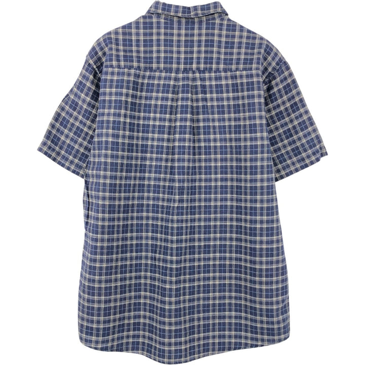 Eddie Bauer Check Pattern Short-Sleeve Linen Shirt, Men's Size S (approx.) linen navy blue type Vintage Second Hand