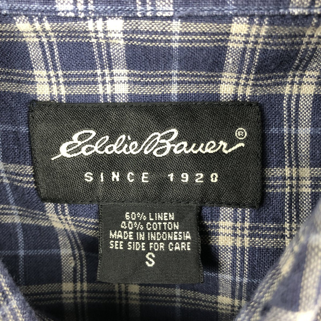 Eddie Bauer Check Pattern Short-Sleeve Linen Shirt, Men's Size S (approx.) linen navy blue type Vintage Second Hand