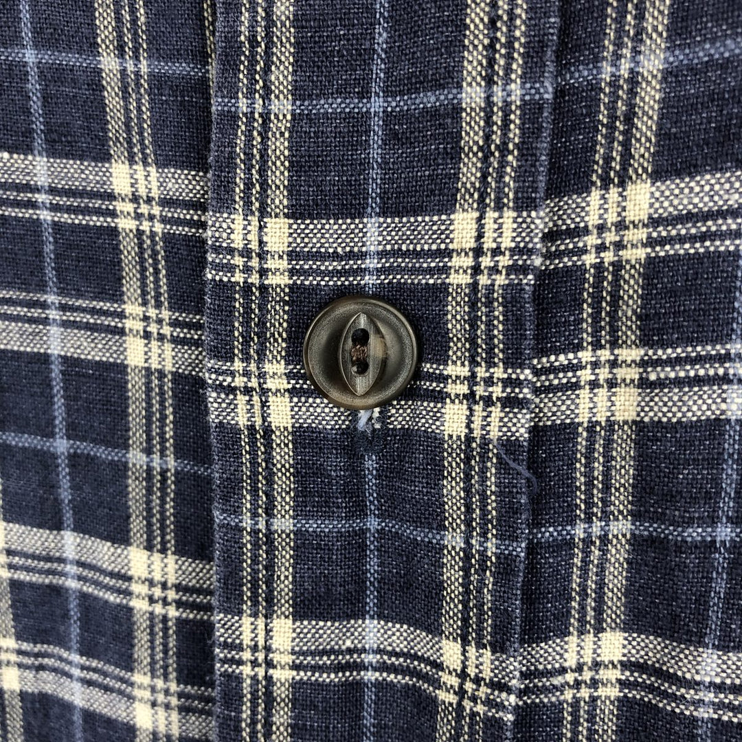 Eddie Bauer Check Pattern Short-Sleeve Linen Shirt, Men's Size S (approx.) linen navy blue type Vintage Second Hand