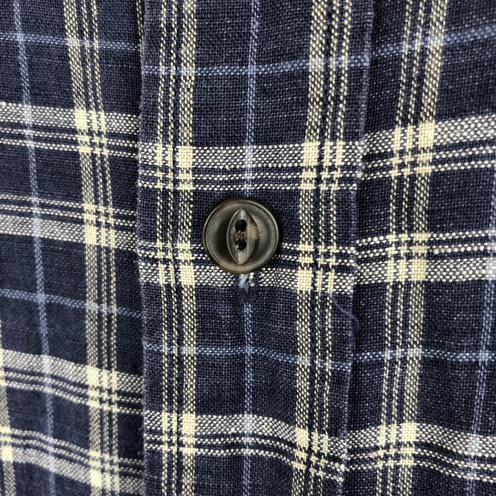 Eddie Bauer Check Pattern Short-Sleeve Linen Shirt, Men's Size S (approx.) linen navy blue type Vintage Second Hand