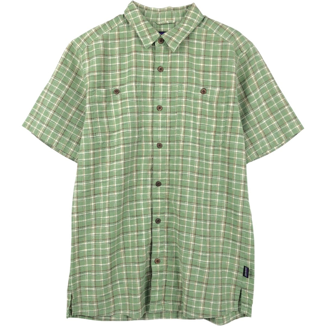 Patagonia Backstep Shirt 53139SP19 Check Pattern Short Sleeve Cotton x Hemp Box Shirt Men's Size S Hemp green type yellow green Vintage Second Hand
