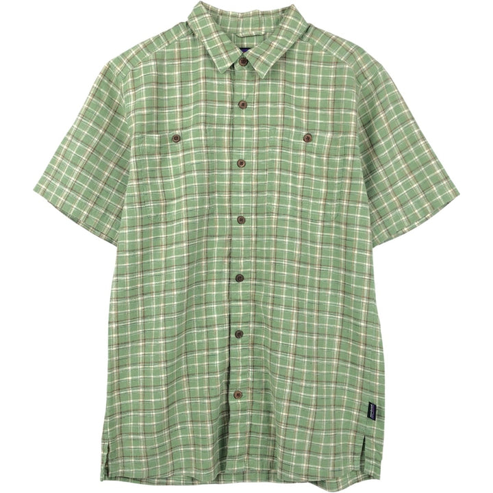 Patagonia Backstep Shirt 53139SP19 Check Pattern Short Sleeve Cotton x Hemp Box Shirt Men's Size S Hemp green type yellow green Vintage Second Hand