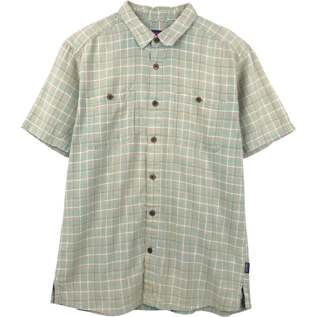 Patagonia Backstep Shirt 53139SP20 Check Pattern Short Sleeve Cotton x Hemp Box Shirt Men's Size M Hemp Khaki type sage green Vintage Second Hand