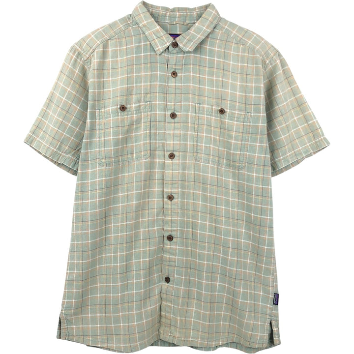 Patagonia Backstep Shirt 53139SP20 Check Pattern Short Sleeve Cotton x Hemp Box Shirt Men's Size M Hemp Khaki type sage green Vintage Second Hand