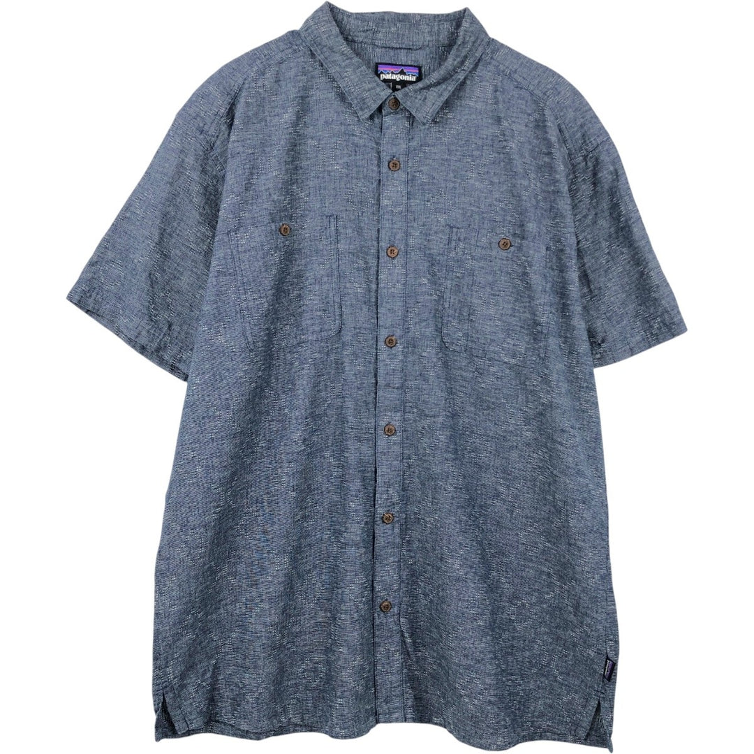 Patagonia Backstep Shirt 53139SP21 - All-over print, short-sleeved, cotton x hemp, boxy shirt, men's size XXL equivalent. Hemp navy blue type Vintage Second Hand