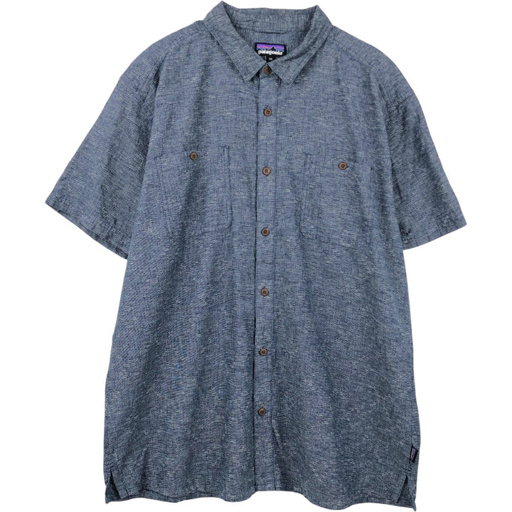 Patagonia Backstep Shirt 53139SP21 - All-over print, short-sleeved, cotton x hemp, boxy shirt, men's size XXL equivalent. Hemp navy blue type Vintage Second Hand