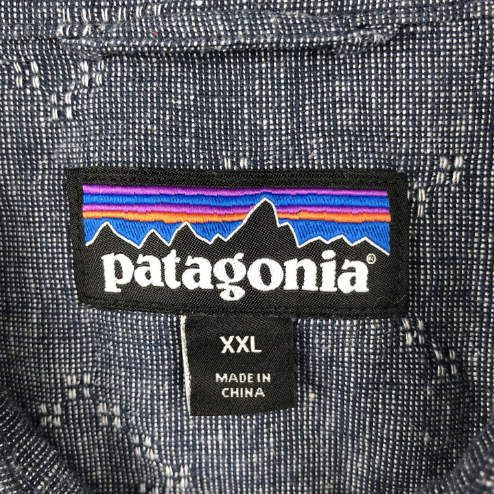 Patagonia Backstep Shirt 53139SP21 - All-over print, short-sleeved, cotton x hemp, boxy shirt, men's size XXL equivalent. Hemp navy blue type Vintage Second Hand