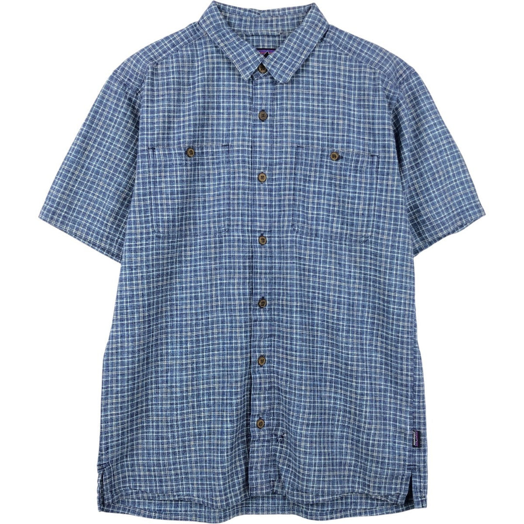 Patagonia Backstep Shirt 53139SP18 Check Pattern Short Sleeve Cotton x Hemp Box Shirt Men's Size M Hemp navy blue type Vintage Second Hand