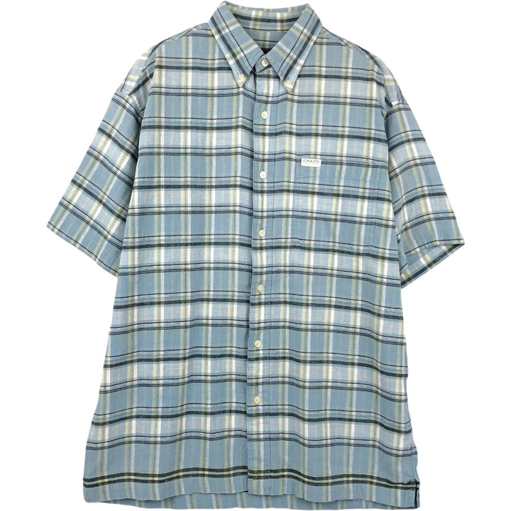 Ralph Lauren Chaps, Check Pattern, Button-Down, Short-Sleeve, Hemp Shirt, Boxy Shirt, Men's Size M (approx.) Hemp Blue type light blue Vintage Second Hand