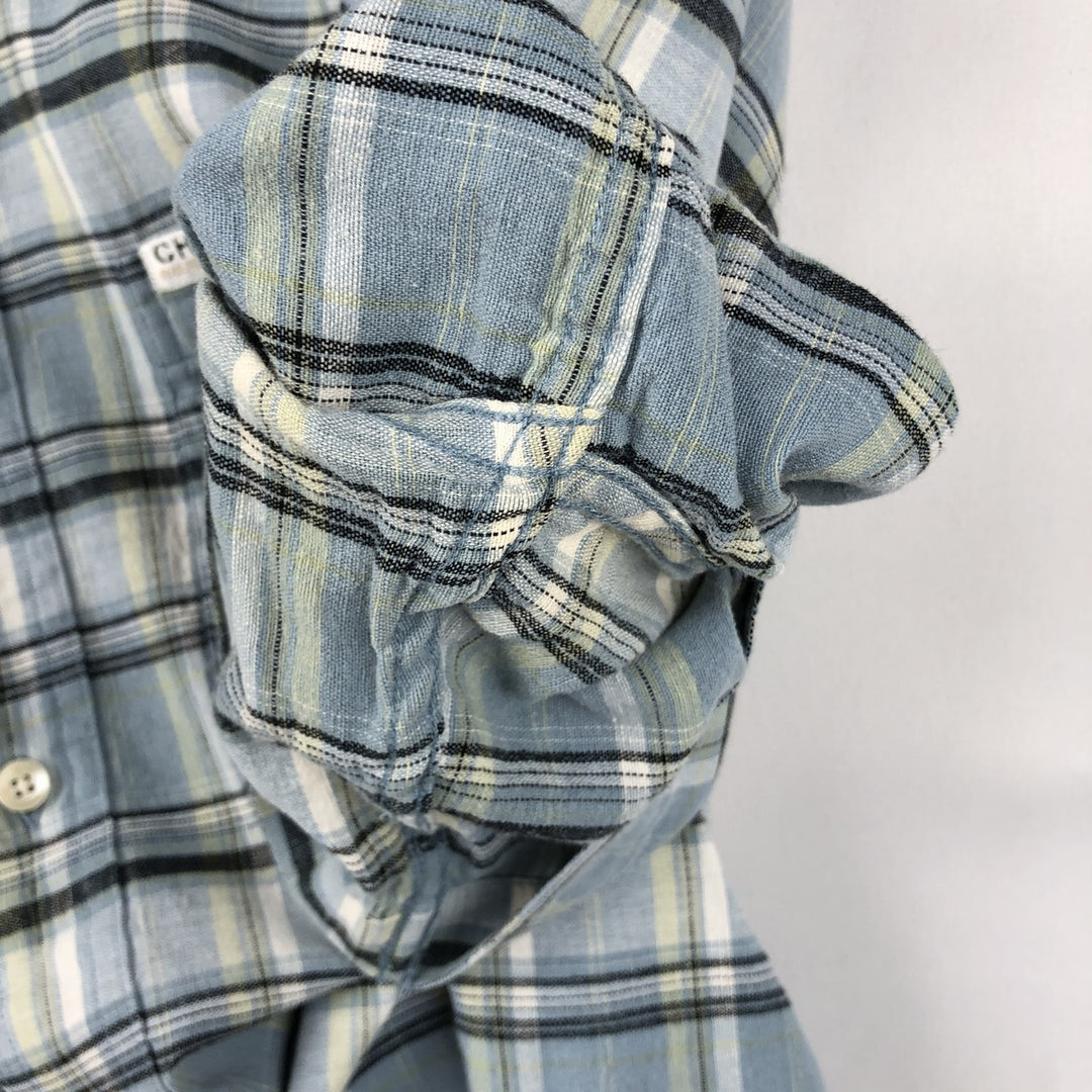 Ralph Lauren Chaps, Check Pattern, Button-Down, Short-Sleeve, Hemp Shirt, Boxy Shirt, Men's Size M (approx.) Hemp Blue type light blue Vintage Second Hand