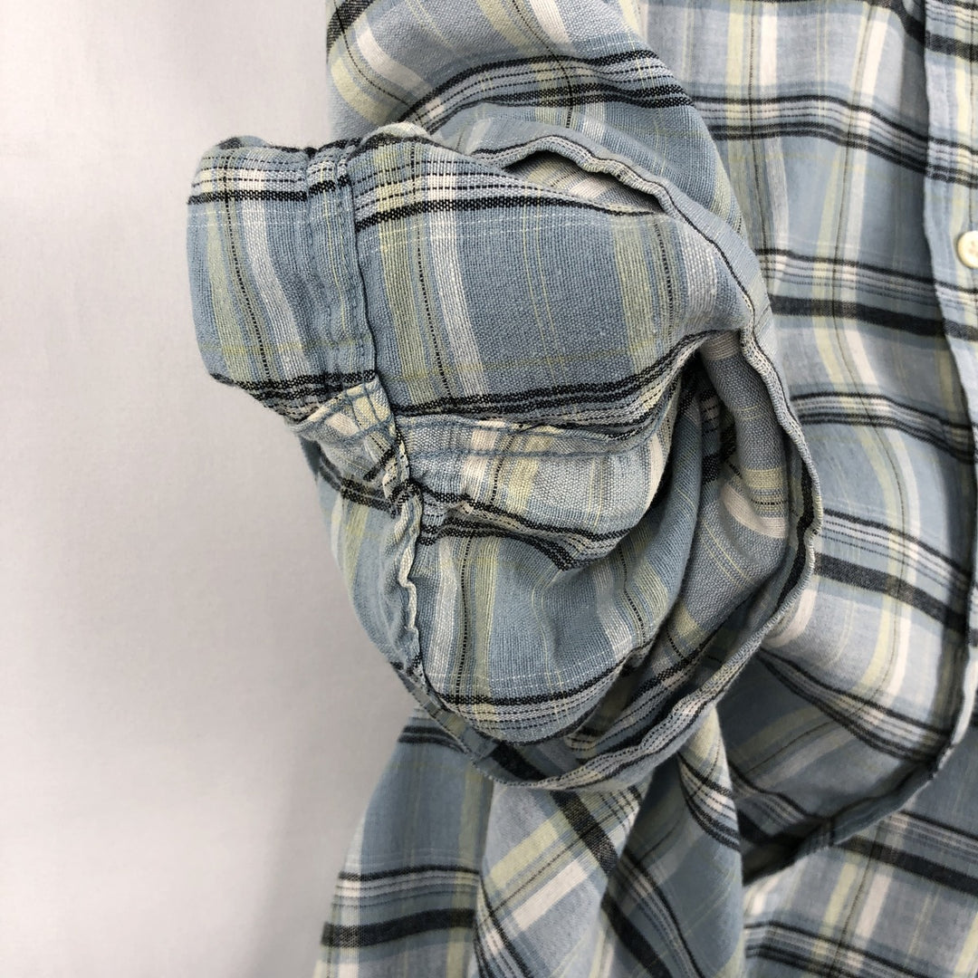Ralph Lauren Chaps, Check Pattern, Button-Down, Short-Sleeve, Hemp Shirt, Boxy Shirt, Men's Size M (approx.) Hemp Blue type light blue Vintage Second Hand