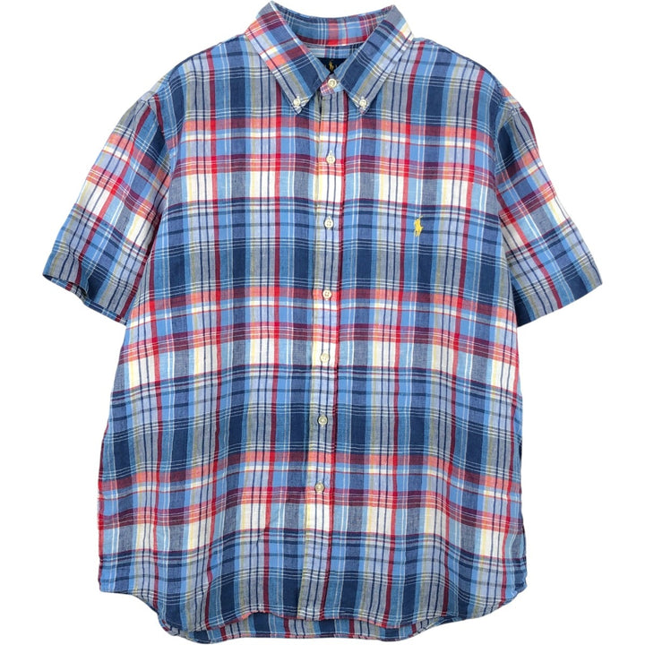 Ralph Lauren Check Pattern Short Sleeve Linen Button Down Shirt Men's Size L linen Blue type light blue Vintage Second Hand