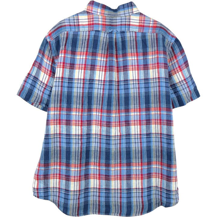 Ralph Lauren Check Pattern Short Sleeve Linen Button Down Shirt Men's Size L linen Blue type light blue Vintage Second Hand