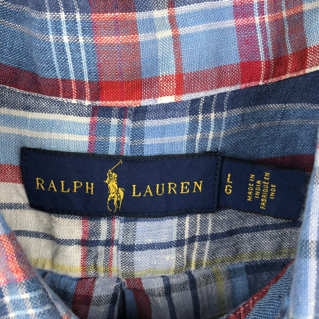 Ralph Lauren Check Pattern Short Sleeve Linen Button Down Shirt Men's Size L linen Blue type light blue Vintage Second Hand