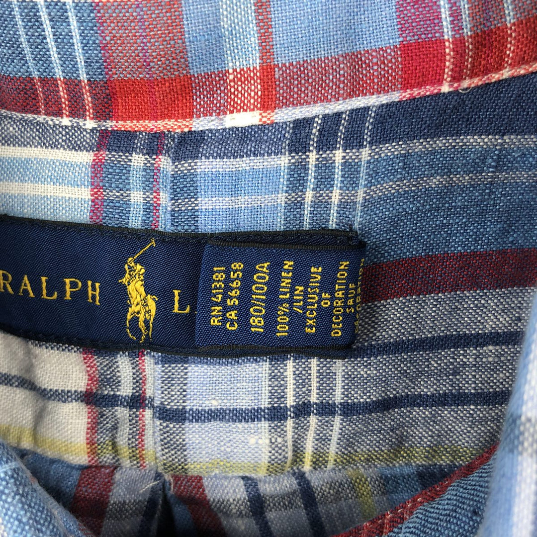 Ralph Lauren Check Pattern Short Sleeve Linen Button Down Shirt Men's Size L linen Blue type light blue Vintage Second Hand