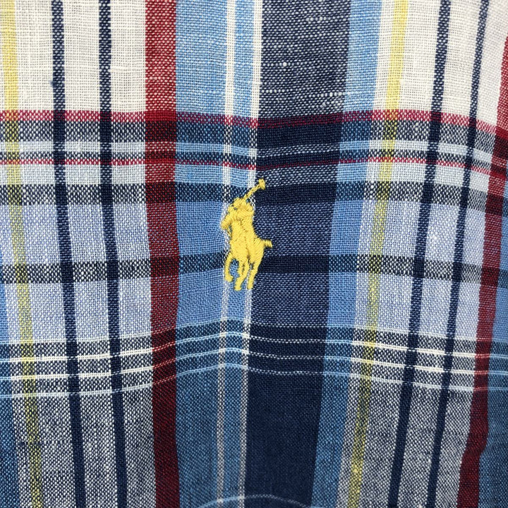 Ralph Lauren Check Pattern Short Sleeve Linen Button Down Shirt Men's Size L linen Blue type light blue Vintage Second Hand