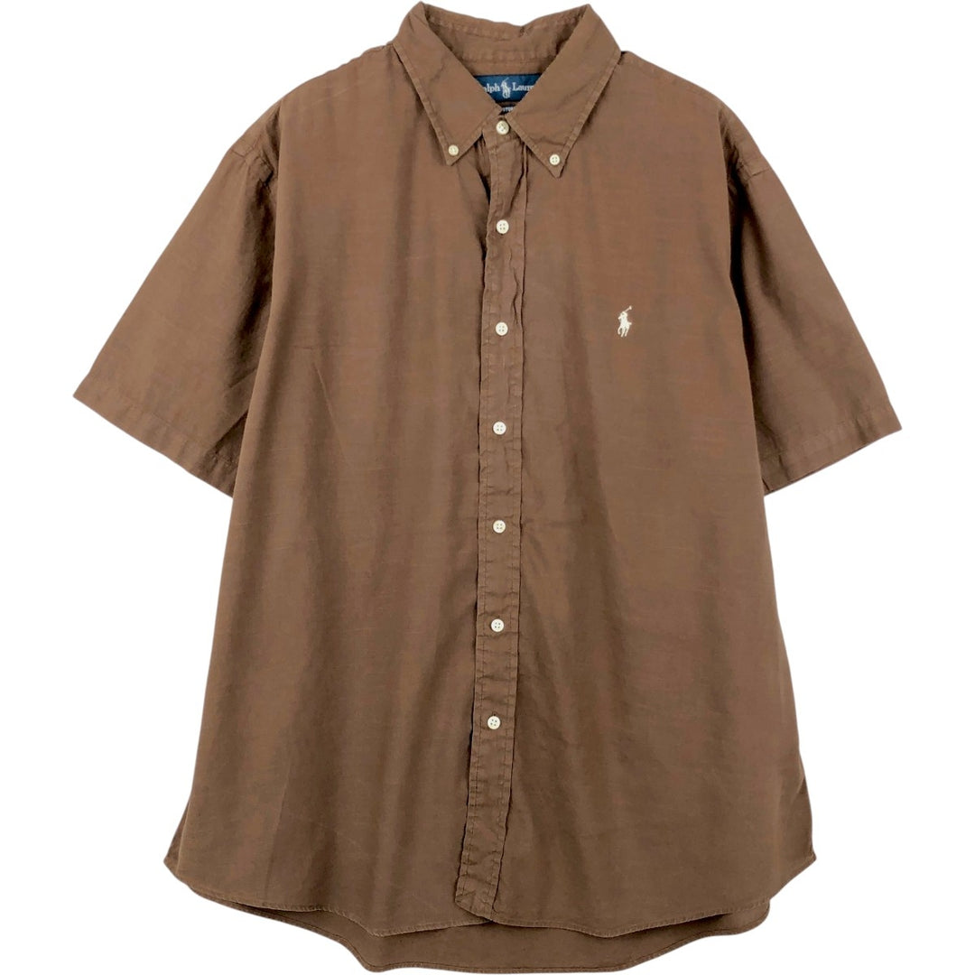 Ralph Lauren CUSTOM FIT Short-Sleeve Cotton x Linen Button-Down Shirt, Men's Size XL (approx.) linen brown type Vintage Second Hand