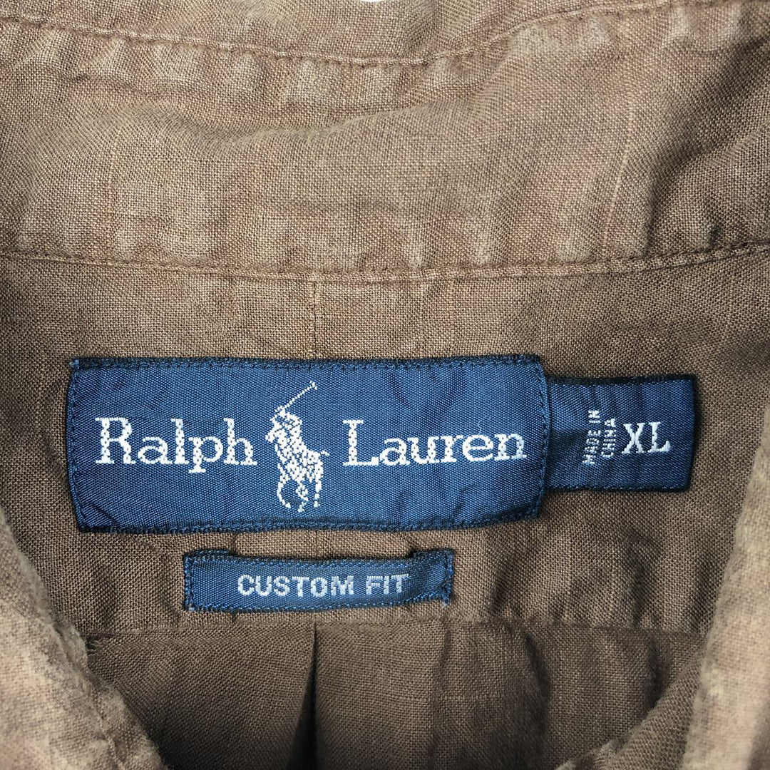 Ralph Lauren CUSTOM FIT Short-Sleeve Cotton x Linen Button-Down Shirt, Men's Size XL (approx.) linen brown type Vintage Second Hand