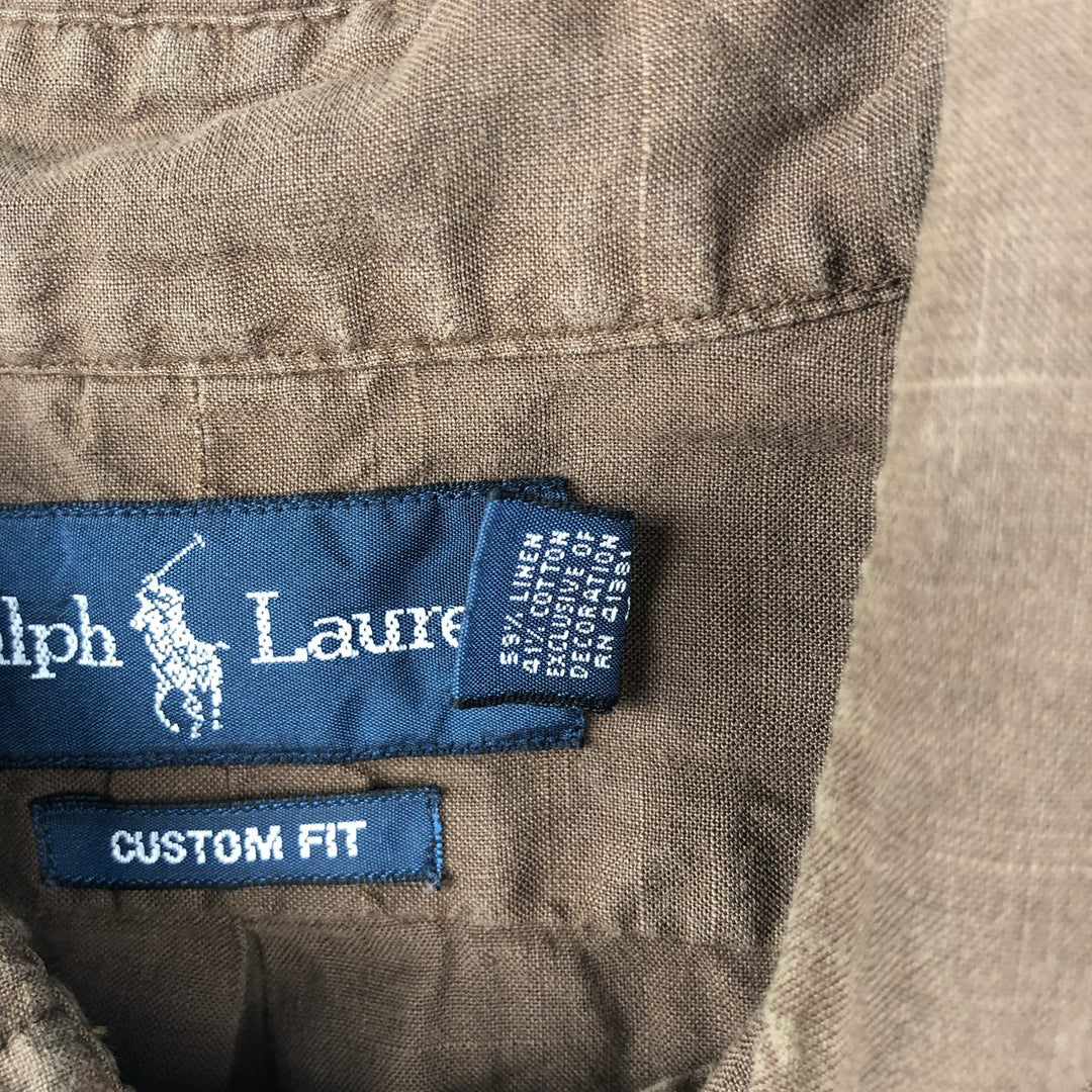 Ralph Lauren CUSTOM FIT Short-Sleeve Cotton x Linen Button-Down Shirt, Men's Size XL (approx.) linen brown type Vintage Second Hand