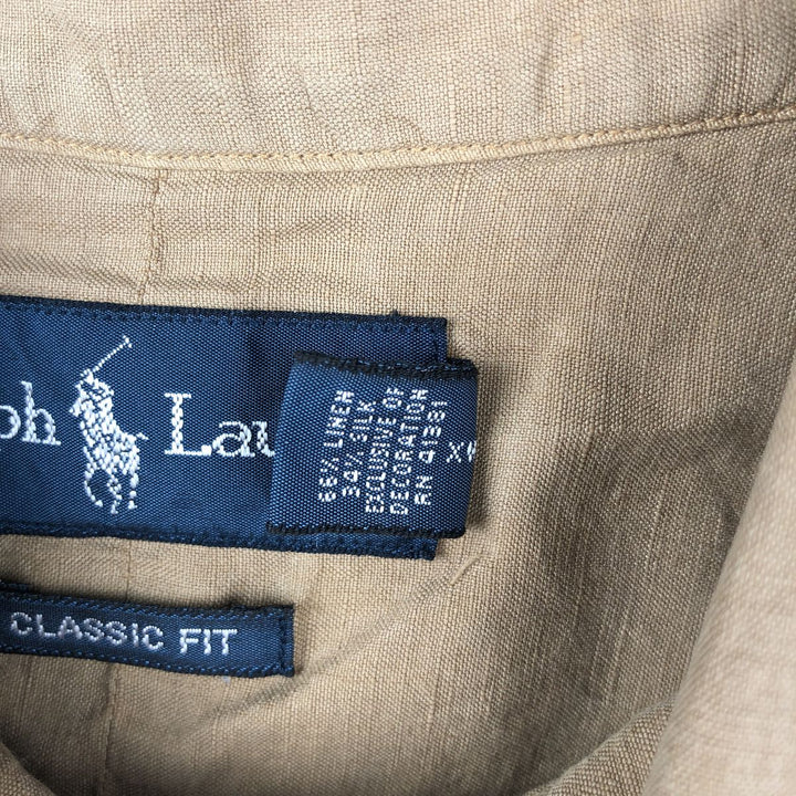 Ralph Lauren CLASSIC FIT Short-Sleeve Linen Button-Down Shirt, Men's Size XXL (approx.) linen beige type brown Vintage Second Hand