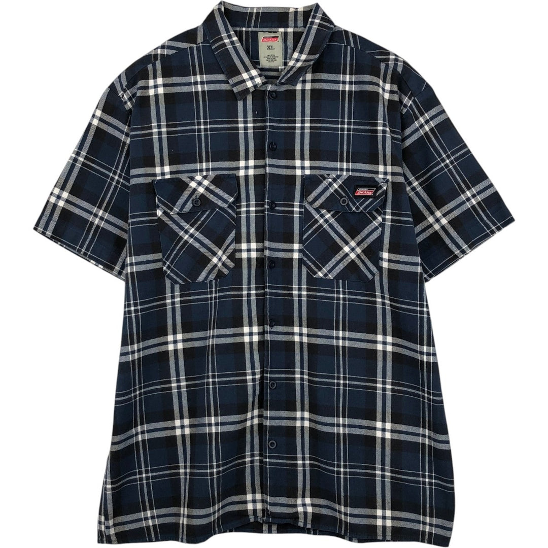 Dickies Check Pattern Short Sleeve Work Shirt Box Shirt Men's XL cotton navy blue type Vintage Second Hand