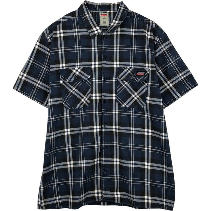 Dickies Check Pattern Short Sleeve Work Shirt Box Shirt Men's XL cotton navy blue type Vintage Second Hand