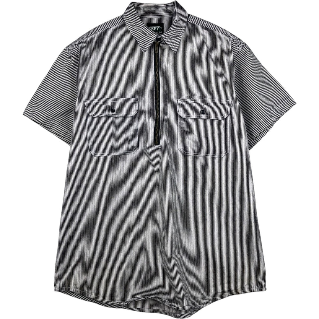Key Stripe Pattern Half-Zip Short-Sleeve Work Shirt (Men's Size L) cotton navy blue type Vintage Second Hand