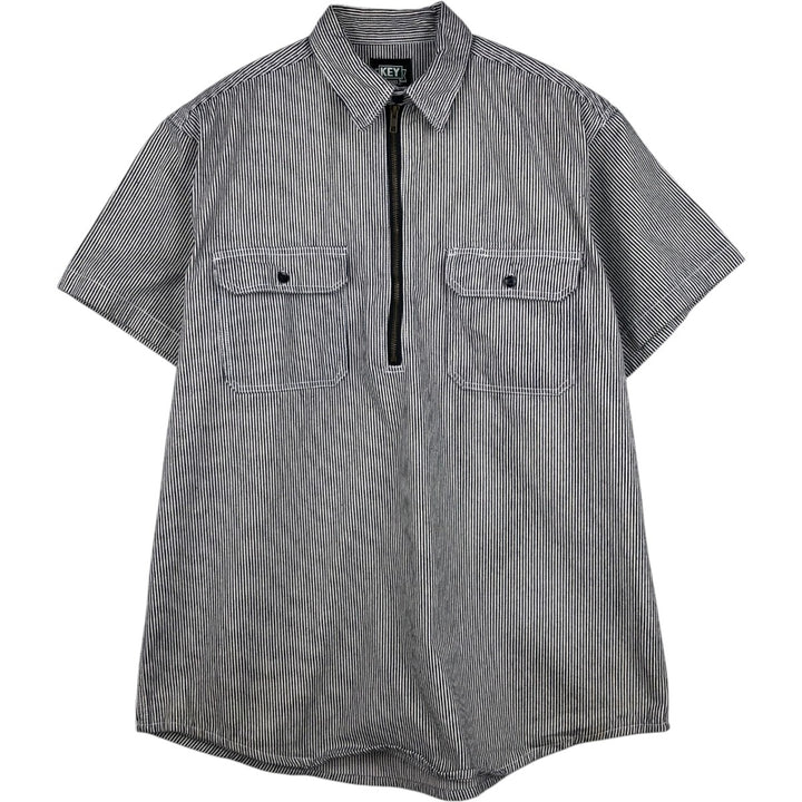 Key Stripe Pattern Half-Zip Short-Sleeve Work Shirt (Men's Size L) cotton navy blue type Vintage Second Hand