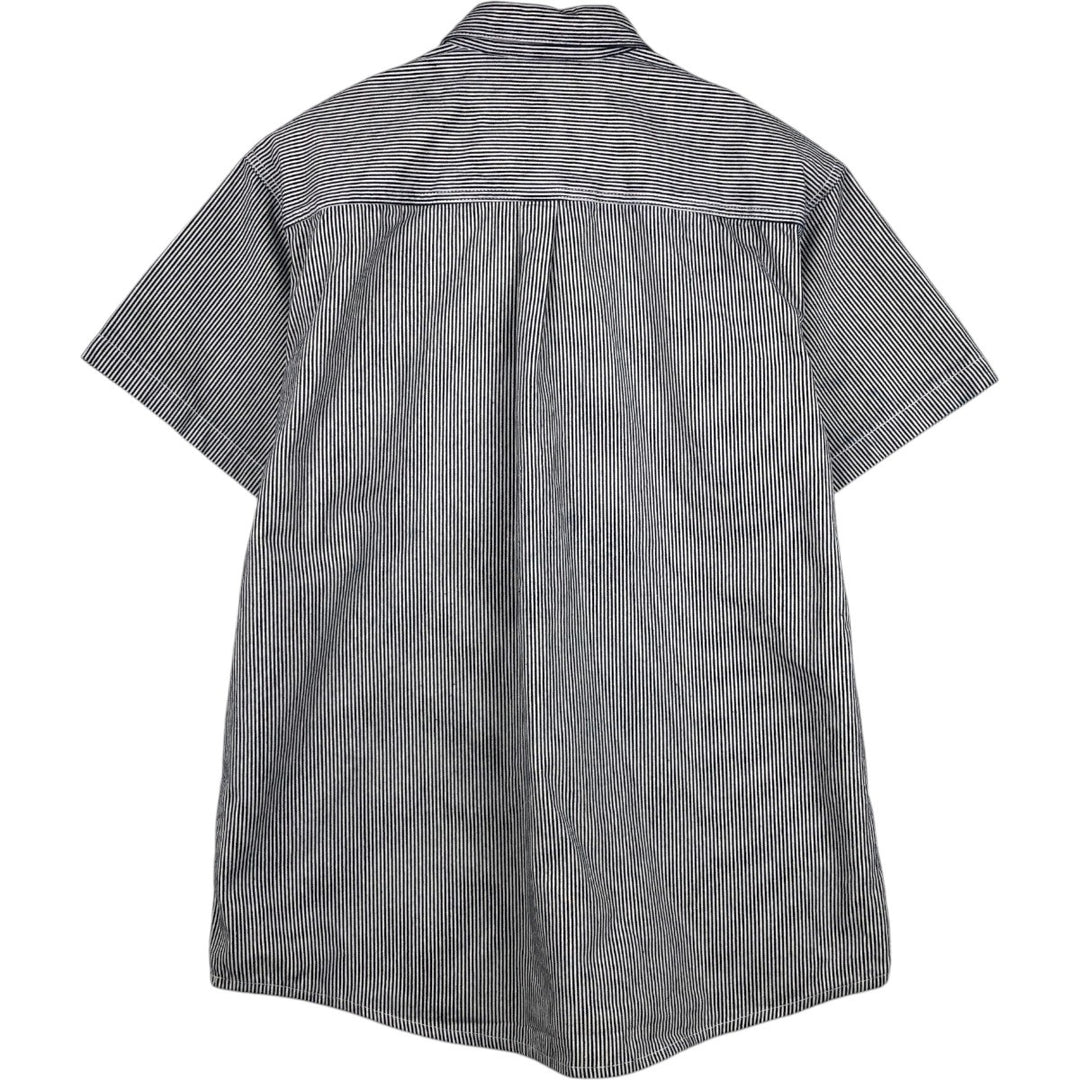 Key Stripe Pattern Half-Zip Short-Sleeve Work Shirt (Men's Size L) cotton navy blue type Vintage Second Hand