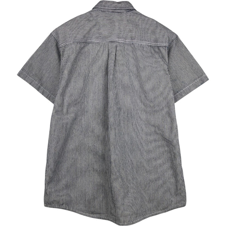 Key Stripe Pattern Half-Zip Short-Sleeve Work Shirt (Men's Size L) cotton navy blue type Vintage Second Hand
