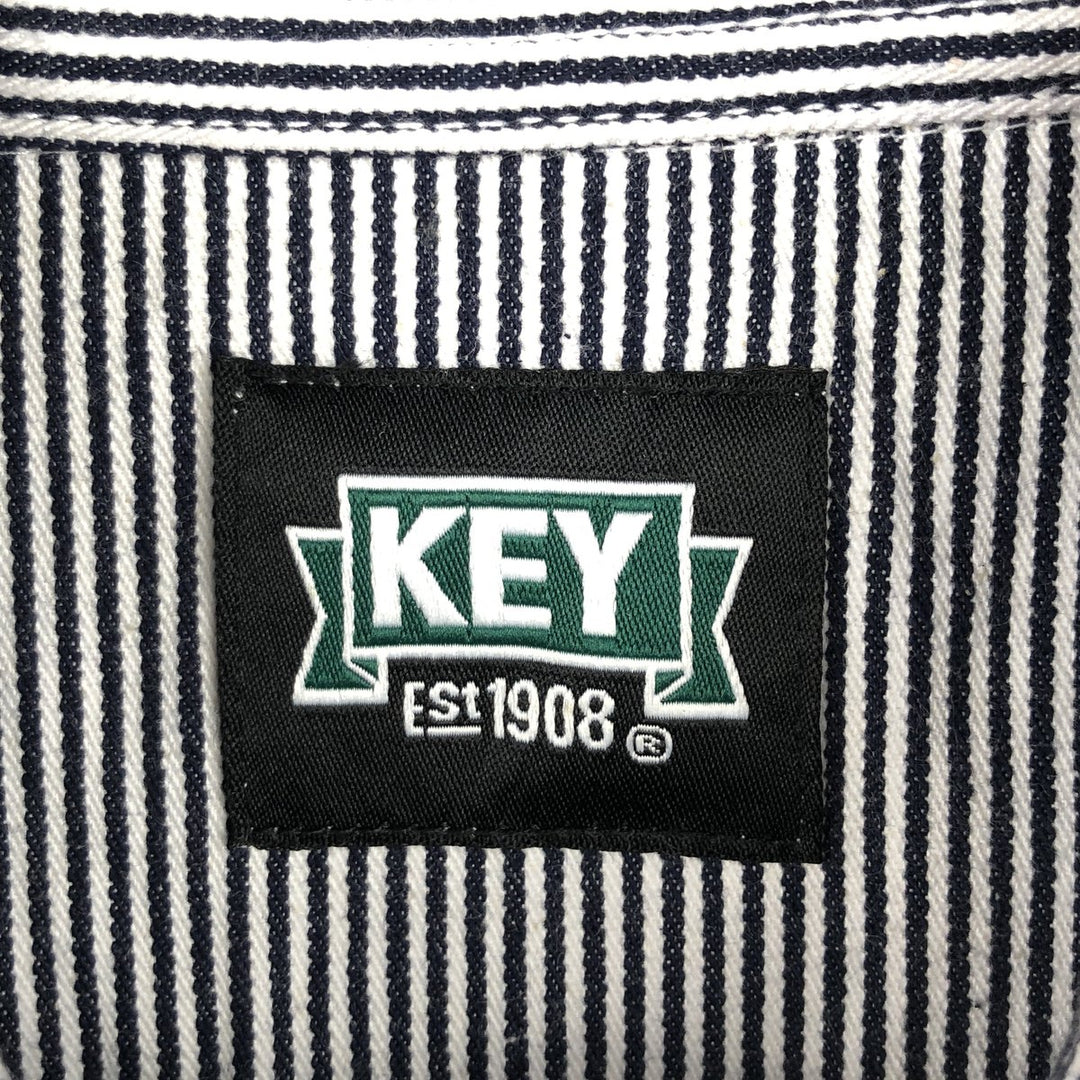 Key Stripe Pattern Half-Zip Short-Sleeve Work Shirt (Men's Size L) cotton navy blue type Vintage Second Hand