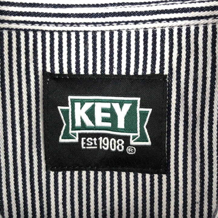 Key Stripe Pattern Half-Zip Short-Sleeve Work Shirt (Men's Size L) cotton navy blue type Vintage Second Hand