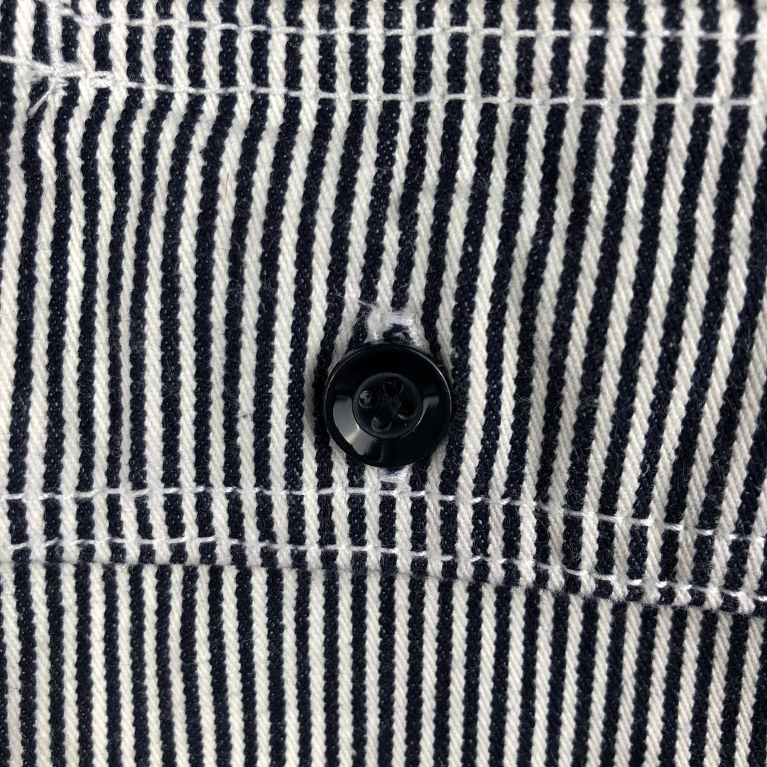 Key Stripe Pattern Half-Zip Short-Sleeve Work Shirt (Men's Size L) cotton navy blue type Vintage Second Hand