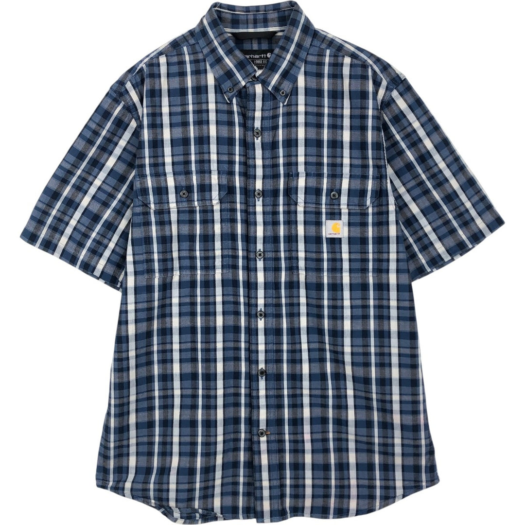 Carhartt Loose Fit Check Pattern Button-Down Short Sleeve Work Shirt, Men's Size Medium cotton navy blue type Vintage Second Hand