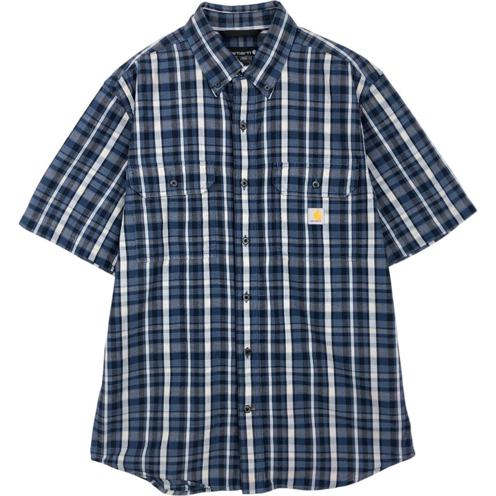 Carhartt Loose Fit Check Pattern Button-Down Short Sleeve Work Shirt, Men's Size Medium cotton navy blue type Vintage Second Hand