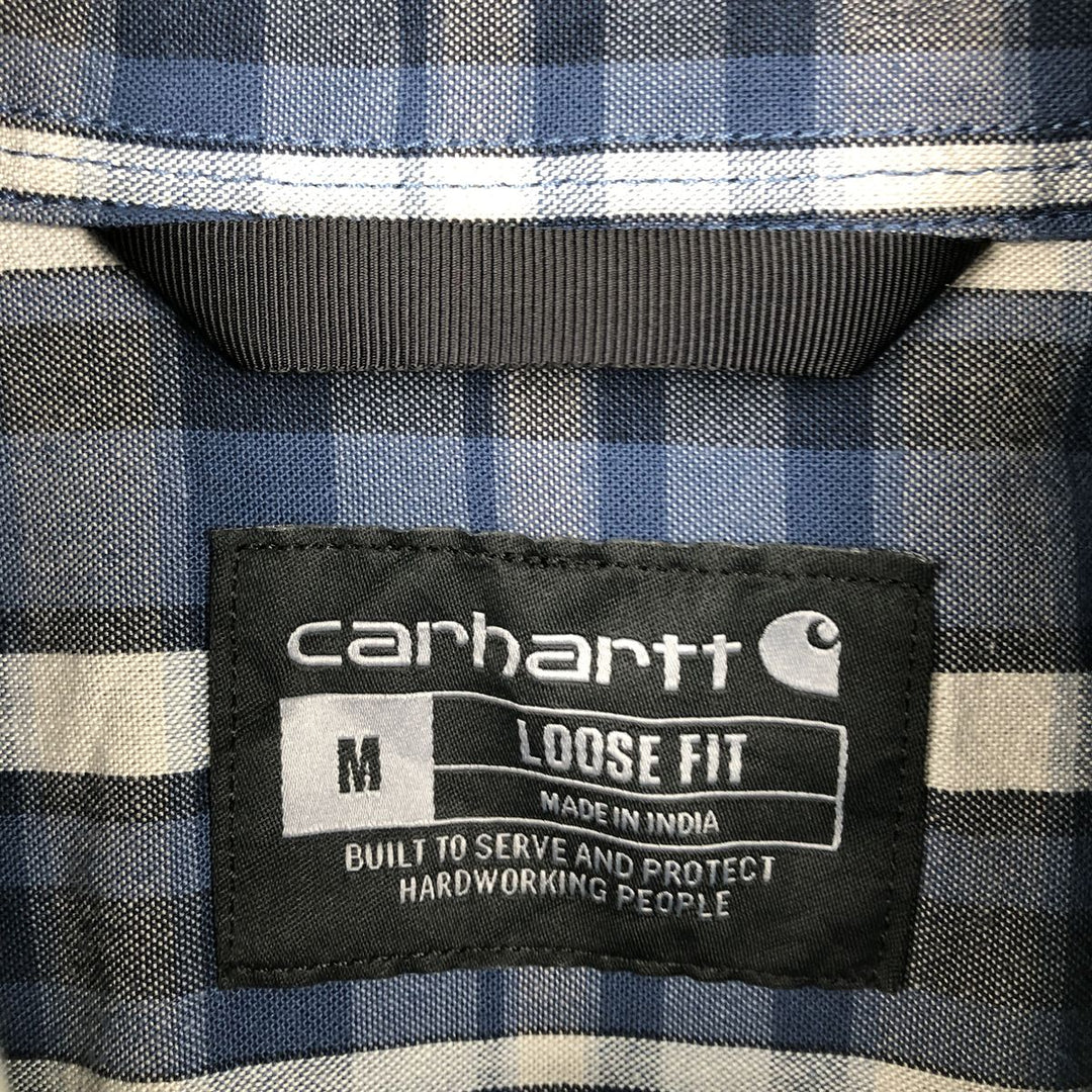 Carhartt Loose Fit Check Pattern Button-Down Short Sleeve Work Shirt, Men's Size Medium cotton navy blue type Vintage Second Hand