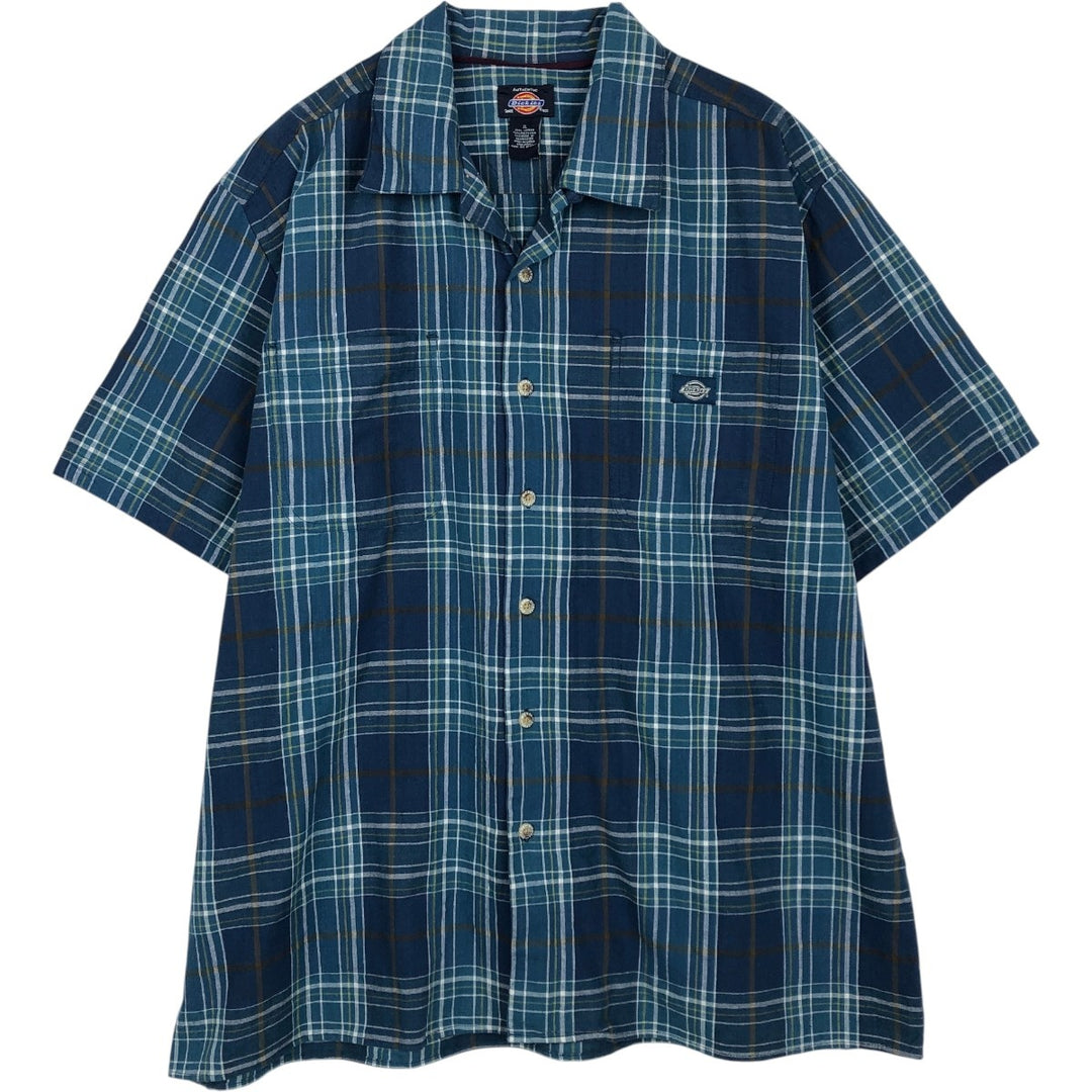 Dickies Check Pattern Open Collar Short Sleeve Work Shirt Box Shirt Men's XL cotton turquoise blue Vintage Second Hand