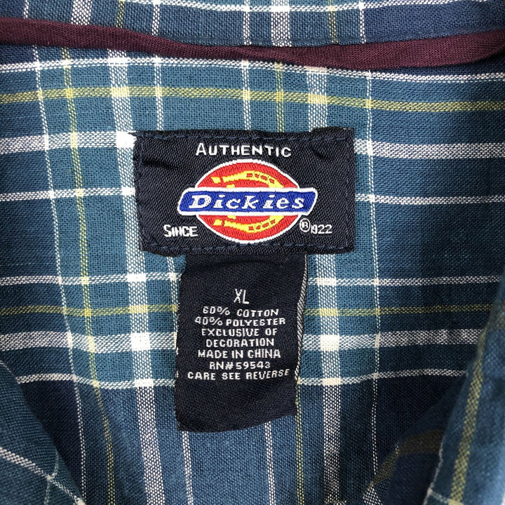Dickies Check Pattern Open Collar Short Sleeve Work Shirt Box Shirt Men's XL cotton turquoise blue Vintage Second Hand