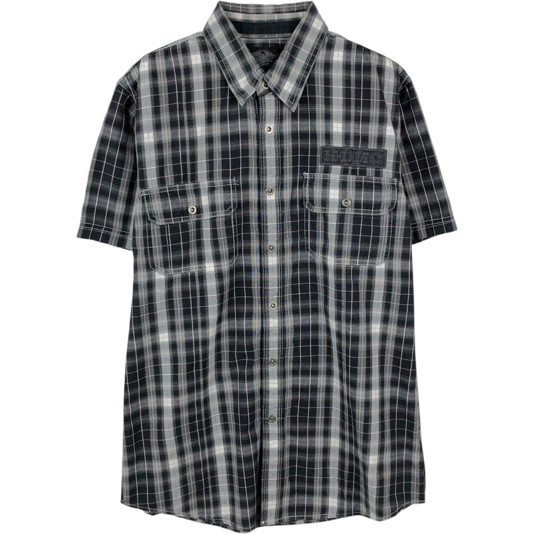 Harley-Davidson Check Pattern Hidden Button-Down Short-Sleeve Work Shirt, Men's Size M (approx.) unclear black type Vintage Second Hand