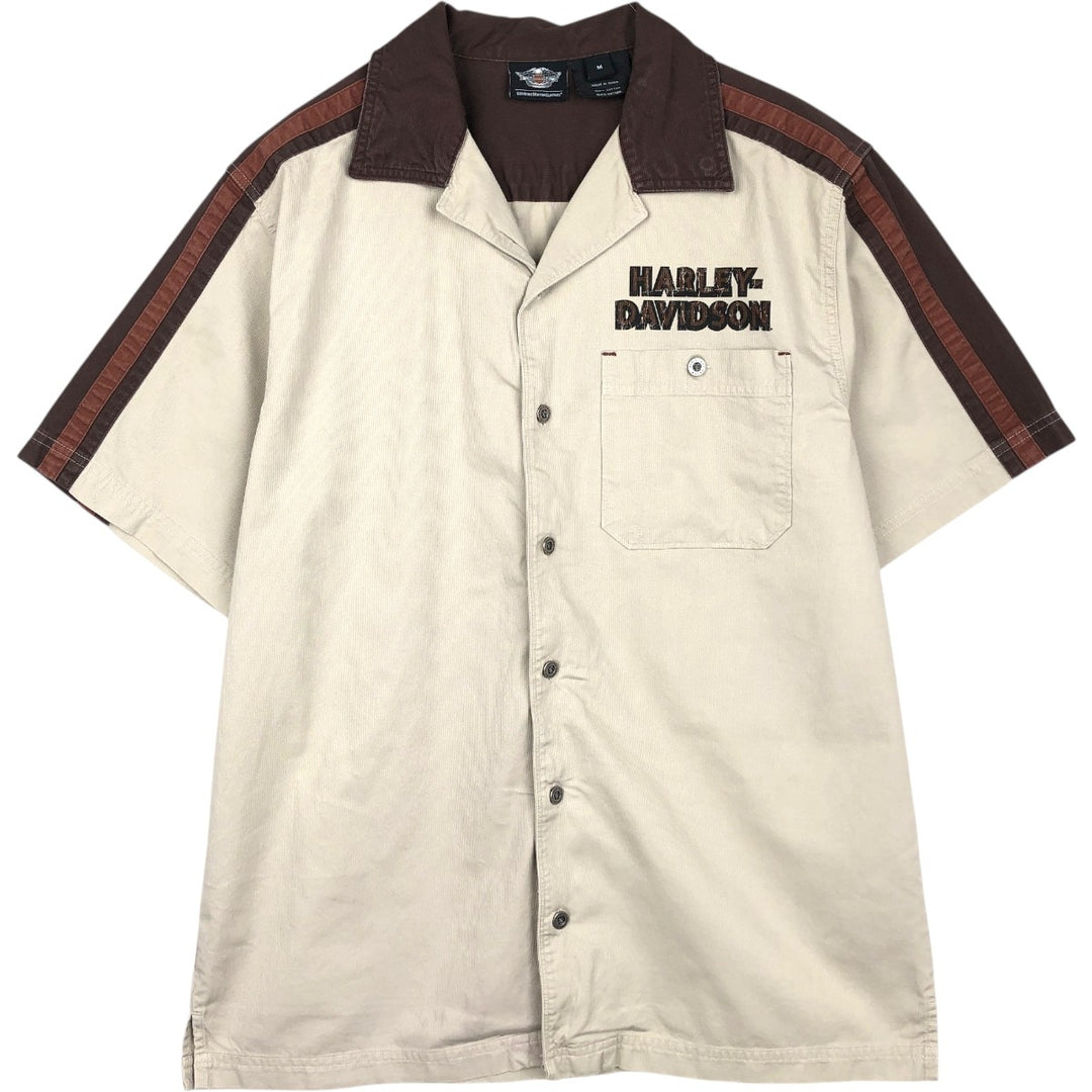 Harley-Davidson Hidden Button-Down Open Collar Short-Sleeve Work Shirt, Boxy Shirt, Men's Size M (approx.) cotton brown type Vintage Second Hand