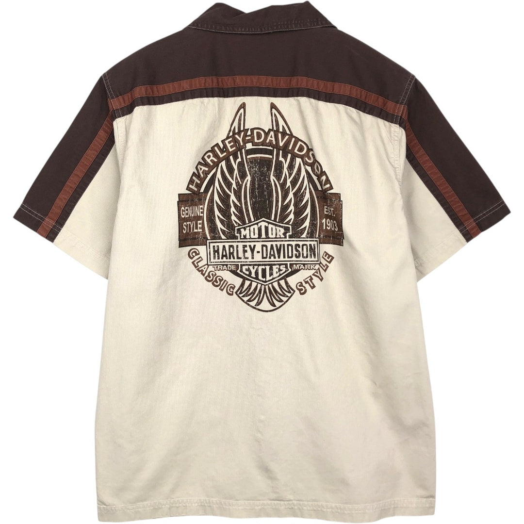 Harley-Davidson Hidden Button-Down Open Collar Short-Sleeve Work Shirt, Boxy Shirt, Men's Size M (approx.) cotton brown type Vintage Second Hand