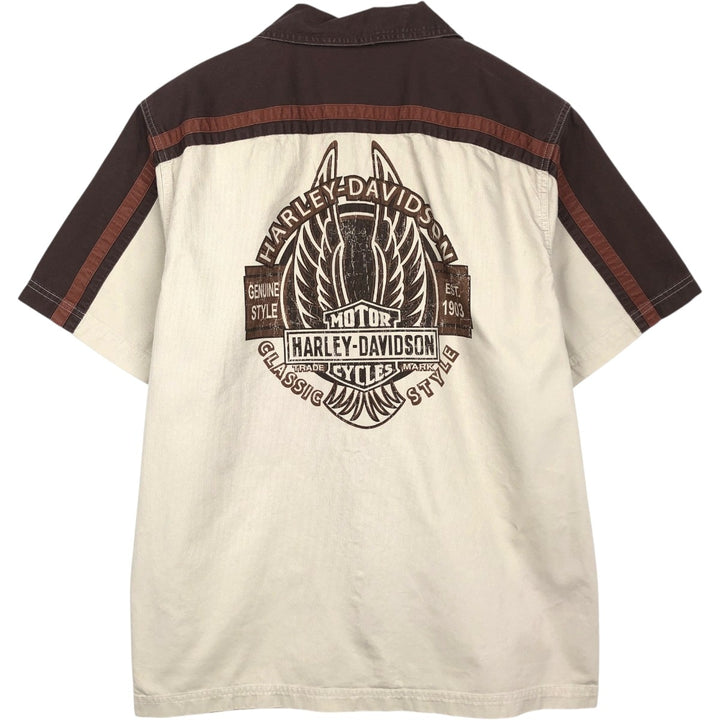 Harley-Davidson Hidden Button-Down Open Collar Short-Sleeve Work Shirt, Boxy Shirt, Men's Size M (approx.) cotton brown type Vintage Second Hand